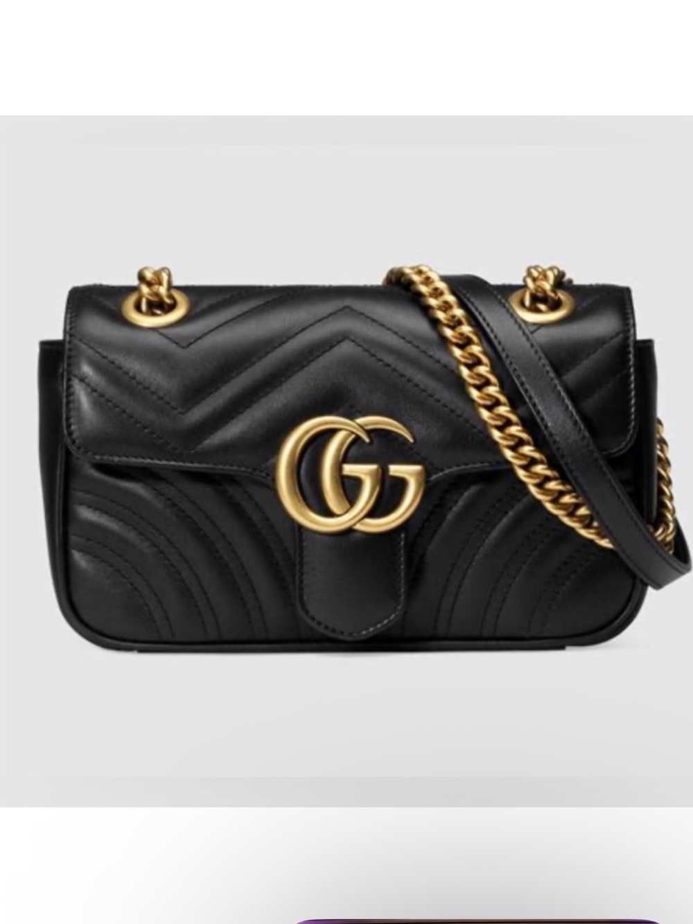 Gucci Black Small Chevron GG Marmont Shoulder Bag with Gold Hardware